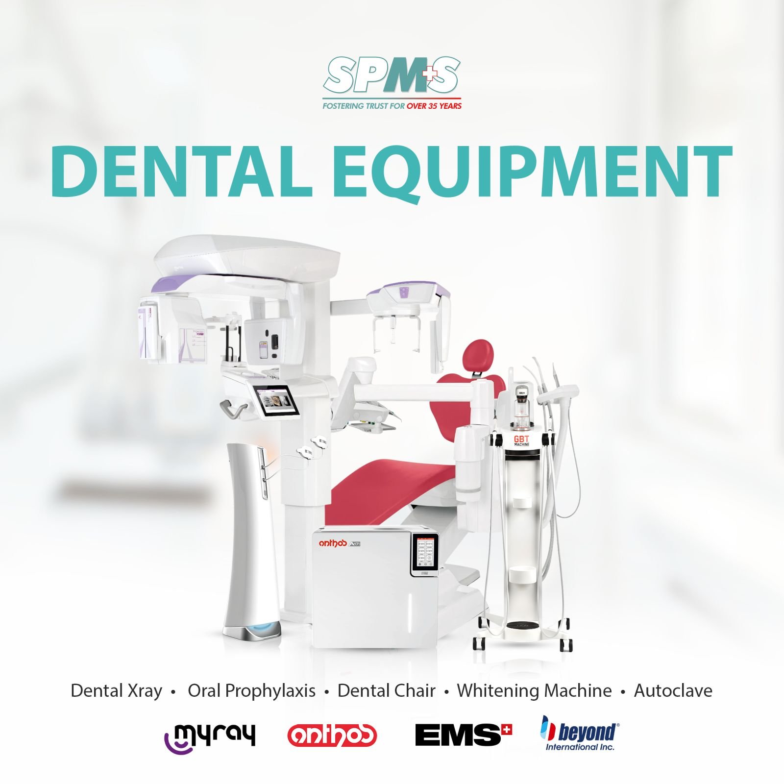 SPMS dental equipment portfolio featuring imaging, dental chair, prophylaxis, and whitening systems