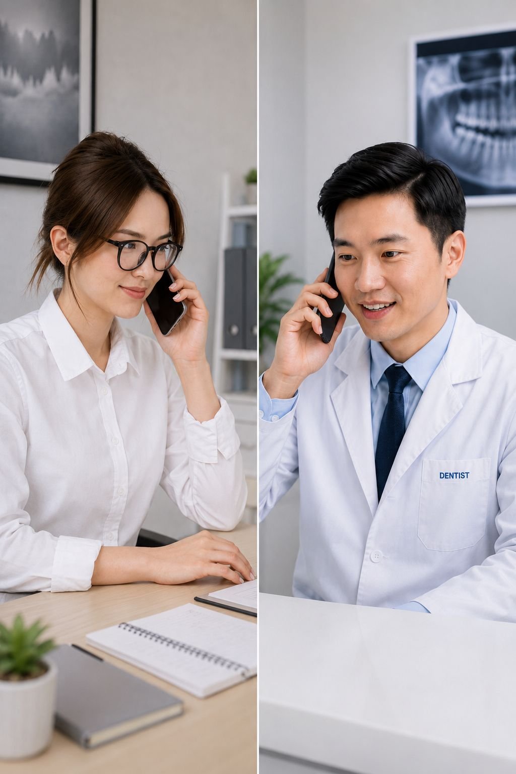 SPMS consultation support scene showing a clinic professional and dental practitioner on a call
